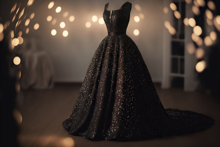 Beautiful black evening sparkly dress for wedding, party or prom hanging on a hanger. Generative AIの素材