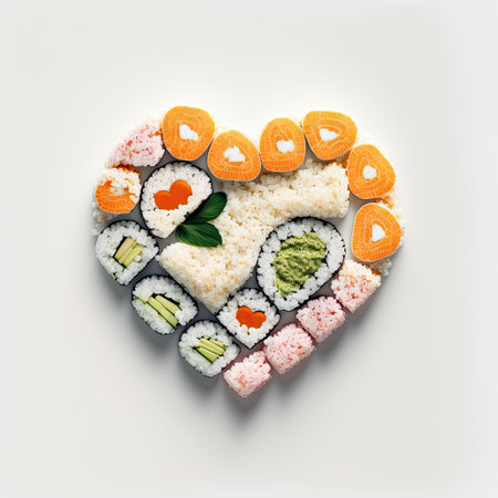 Creative concept Valentine's day sushi in shape of heart on white background. Generative AIの素材
