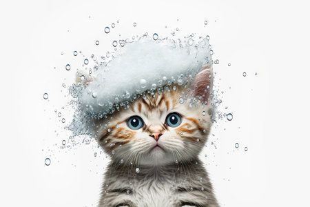 Funny illustration of surprised cat swimming, splashes of water around. white background. Generative AIの素材
