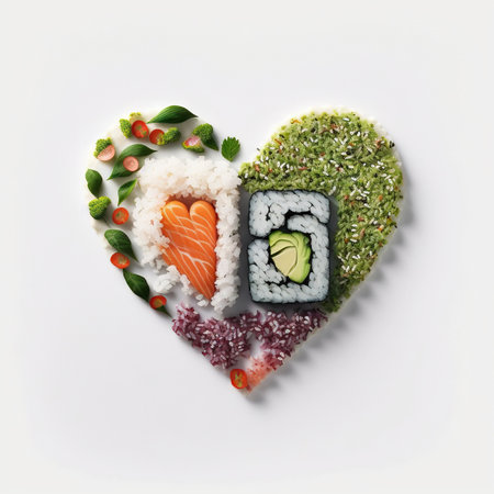 Creative concept Valentine's day sushi in shape of heart on white background. Generative AIの素材