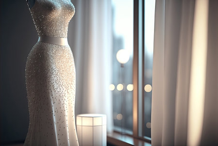 Elegant classic shimmery wedding dress on hanger. dream light. Generative AIの素材