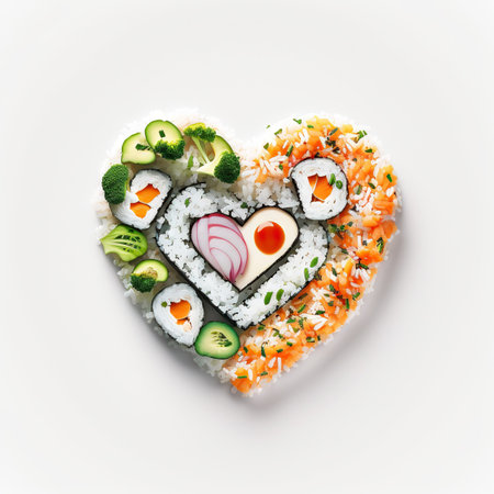 Creative concept Valentine's day sushi in shape of heart on white background. Generative AIの素材