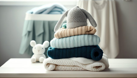 Stack of folded wool knitted baby clothes and accessories. Generative AIの素材