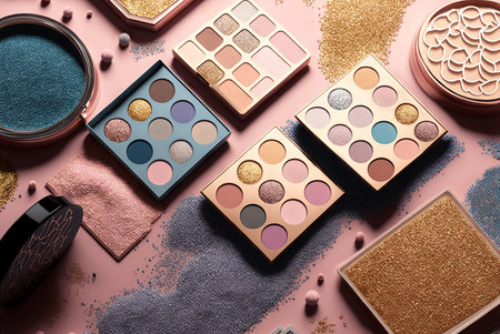 Stylish fashion eyeshadows makeup arrangement colorful pattern background. Generative AIの素材