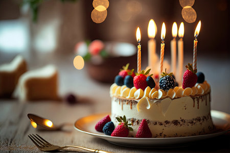 Beautifully decorated birthday cake with burning candles. Generative AIの素材