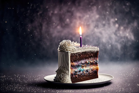 Fantasy design space birthday cake with burning candles. Generative AIの素材
