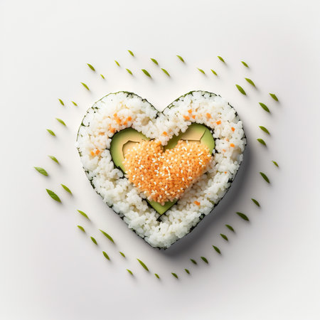 Creative concept Valentine's day sushi in shape of heart on white background. Generative AIの素材