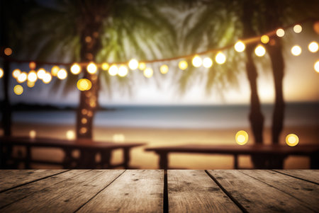 Wooden table top in a beach bar, blurred light bokeh, cafe, restaurant background. Generative AIの素材