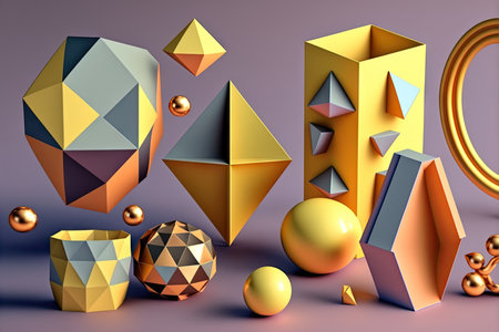 Abstract scene with colorful geometric 3d style elements. Generative AIの素材