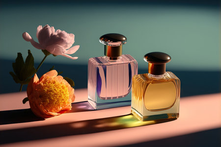 Collection of transparent multi color glass floral perfume bottles on a light simple background. Art composition still life. Stylish perfume banner. Generative AI.の素材