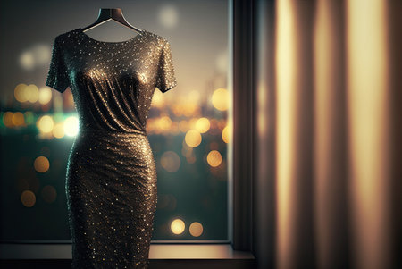 Beautiful black evening sparkly dress for wedding, party or prom hanging by the window on a hanger. Generative AIの素材