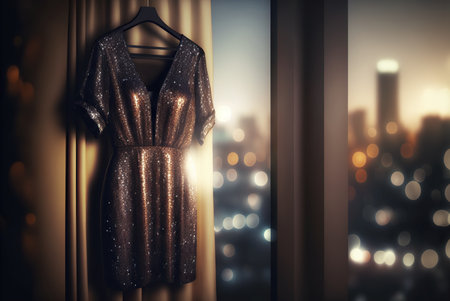 Beautiful black evening sparkly dress for wedding, party or prom hanging by the window on a hanger. Generative AIの素材