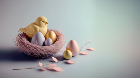 Little nest with eggs. Pastel easter background. Generative AI.の素材