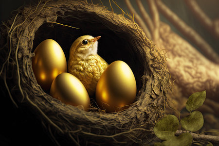 Little nest with eggs. Easter background. Generative AI.の素材