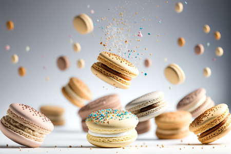 Levitating colorful macaroons. Generative AIの素材