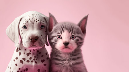 Cat and dog on pastel pink background. Generative AIの素材