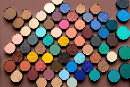 Stylish fashion eyeshadows makeup arrangement colorful pattern background. Generative AIの素材