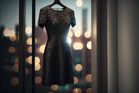 Beautiful black evening sparkly dress for wedding, party or prom hanging by the window on a hanger. Generative AIの素材