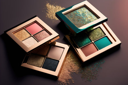 Stylish fashion eyeshadows makeup arrangement colorful pattern background. Generative AIの素材