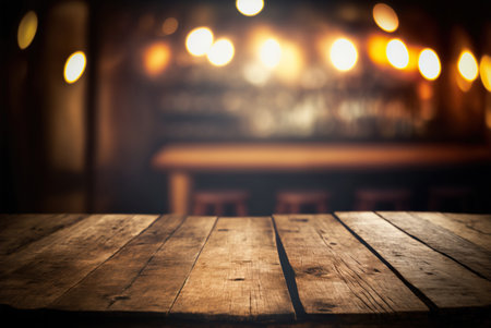 Wood table top in a bar, blurred light bokeh, cafe, restaurant background. Generative AI.の素材