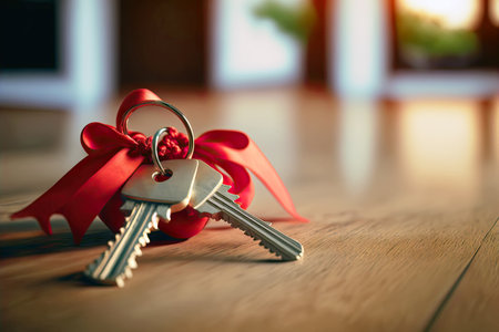 Concept of buying a home. A bunch of keys tied with a red ribbon on a wooden table. Generative AIの素材