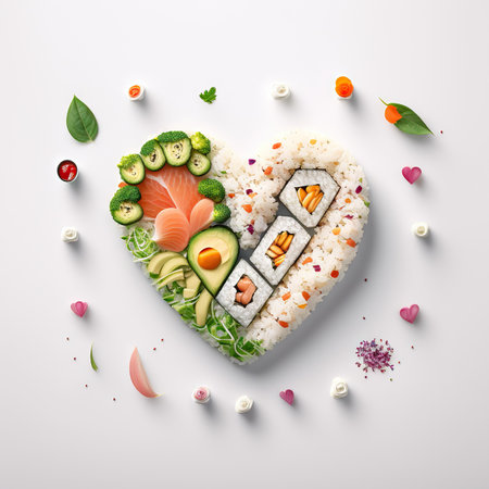 Creative concept Valentine's day sushi in shape of heart on white background. Generative AIの素材