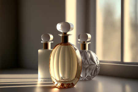 Collection of transparent multi color glass perfume bottles on a light background. Art composition still life. Stylish perfume banner. Generative AI.の素材