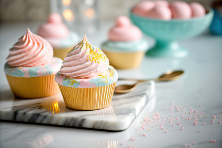 Delicious muffins, cupcakes, festive light background. Generative AIの素材