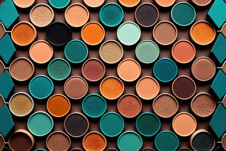 Stylish fashion eyeshadows makeup arrangement colorful pattern background. Generative AIの素材