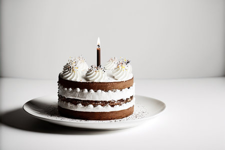 Beautifully decorated birthday cake with burning candles. Generative AIの素材