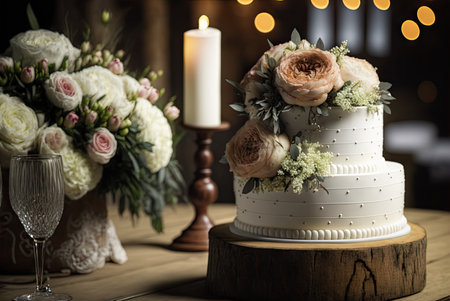 Elegant layered wedding cake. Generative AIの素材