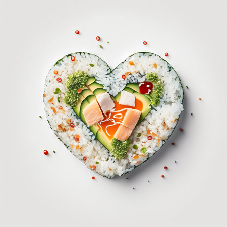 Creative concept Valentine's day sushi in shape of heart on white background. Generative AIの素材