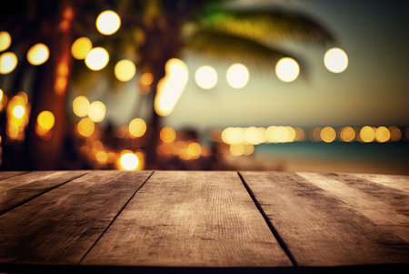 Wooden table top in a beach bar, blurred light bokeh, cafe, restaurant background. Generative AIの素材