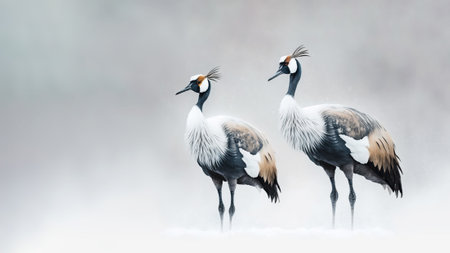 Pair of red crowned cranes on light blurred background. Generative AI.の素材