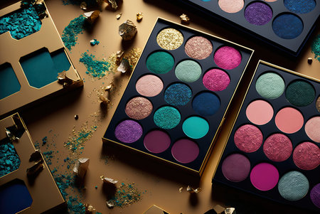Stylish fashion eyeshadows makeup arrangement colorful pattern background. Generative AIの素材