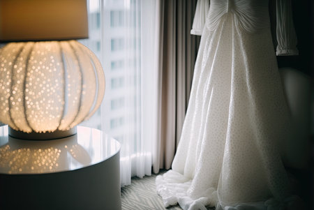 Elegant classic wedding dress on hanger. natural light. Generative AIの素材
