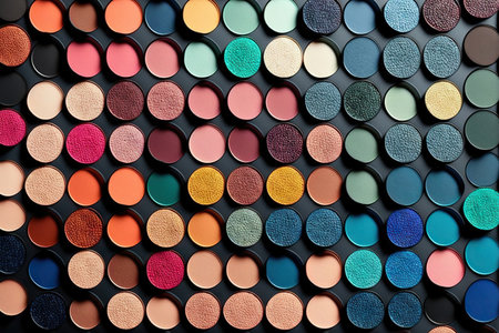 Stylish fashion eyeshadows makeup arrangement colorful pattern background. Generative AIの素材