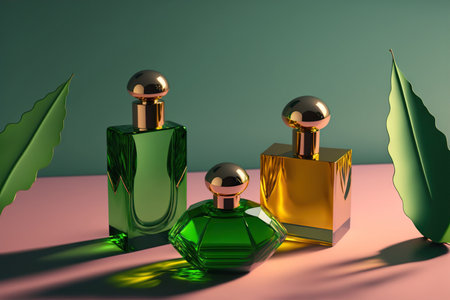 Collection of transparent multi color glass perfume bottles on a light background. Art composition still life. Stylish perfume banner. Generative AI.の素材