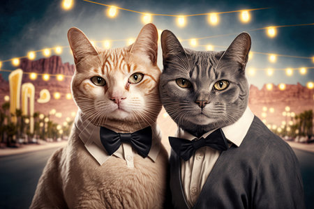 Fashion dressed cats having fun in night city, funny illustration. Generative AIの素材