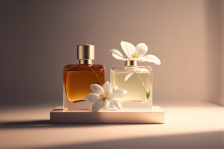 Collection of transparent multi color glass floral perfume bottles on a light simple background. Art composition still life. Stylish perfume banner. Generative AI.の素材