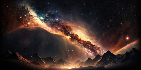 Fantasy landscape with stars and milky way on the sky. Generative AIの素材
