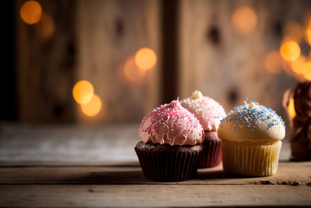 Delicious muffins, cupcakes, rustic background. Generative AIの素材