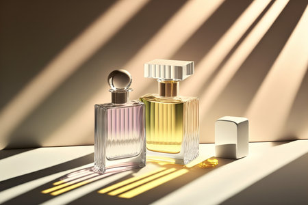 Collection of transparent multi color glass perfume bottles on a light background. Art composition still life. Stylish perfume banner. Generative AI.の素材