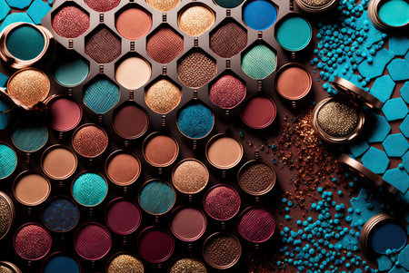 Stylish fashion eyeshadows makeup arrangement colorful pattern background. Generative AIの素材
