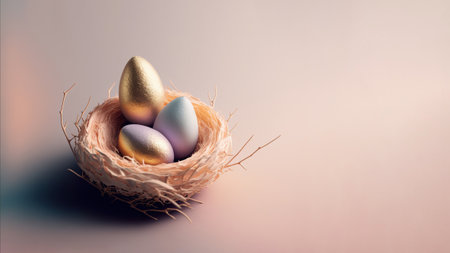 Little nest with eggs. Pastel easter background. Generative AI.の素材