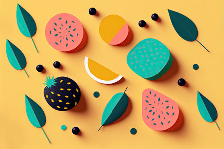 Playful tropical illustration with leaves and fruits, flat style. Generative AIの素材