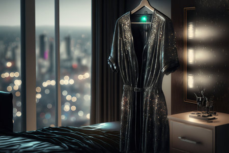 Beautiful black evening sparkly dress for wedding, party or prom hanging by the window on a hanger. Generative AIの素材