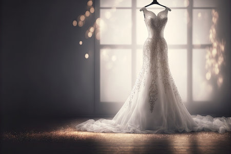 Elegant classic wedding dress on hanger. natural light. Generative AIの素材