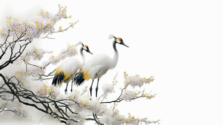 Pair of red crowned cranes on light blurred background. Generative AI.の素材