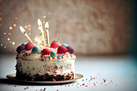 Beautifully decorated birthday cake with burning candles. Generative AIの素材